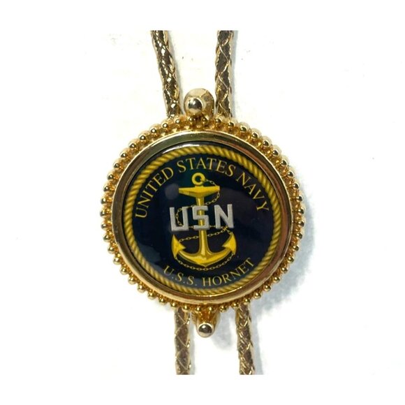 United States Navy U.S.S. Hornet Gold Bolo Tie With Braided Leather Cords & Anch - Picture 1 of 4